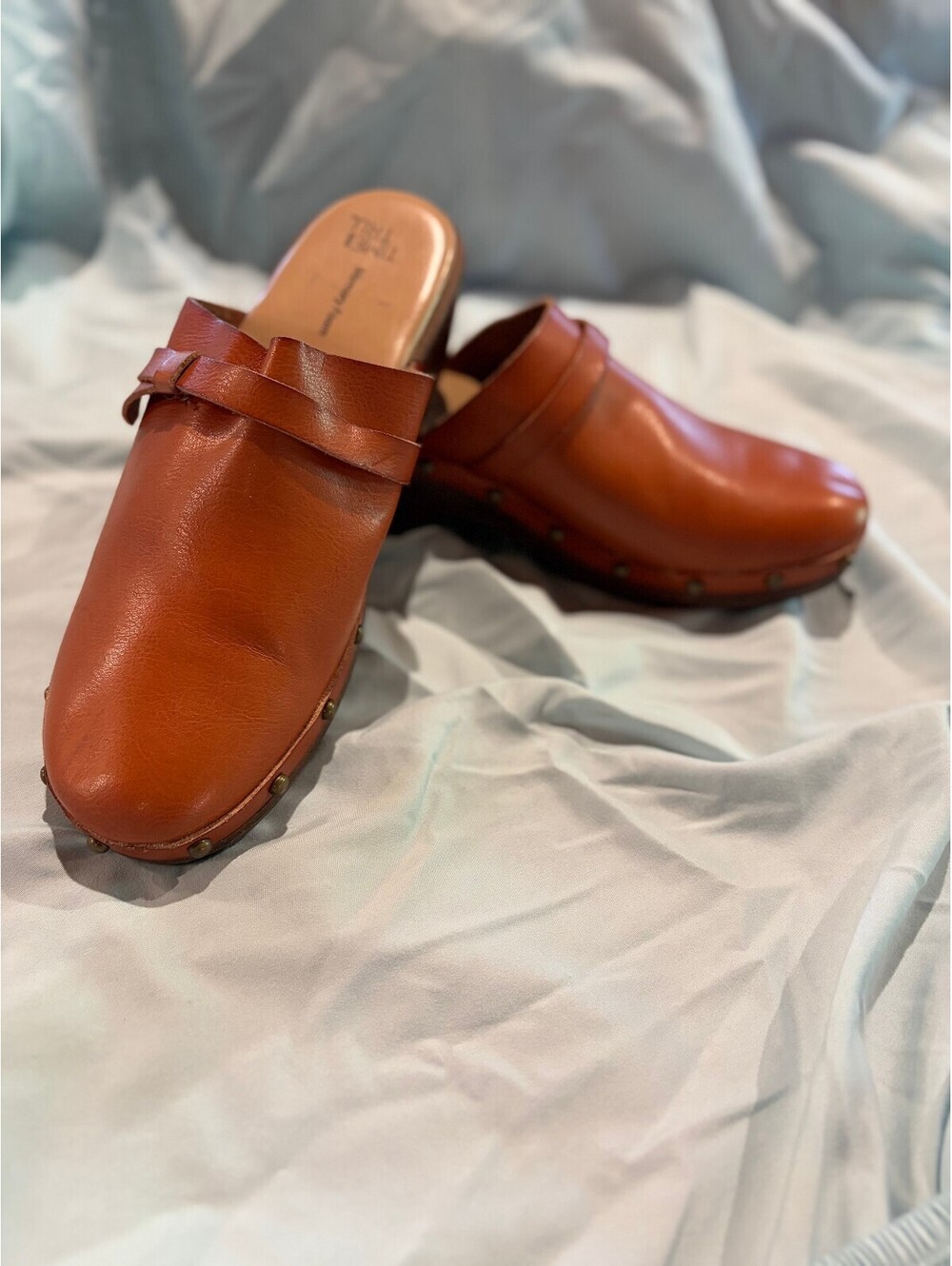 Cognac Faux Leather Boho Studded SlipOn Closed Toe Heel Platform Clog Mules 1262